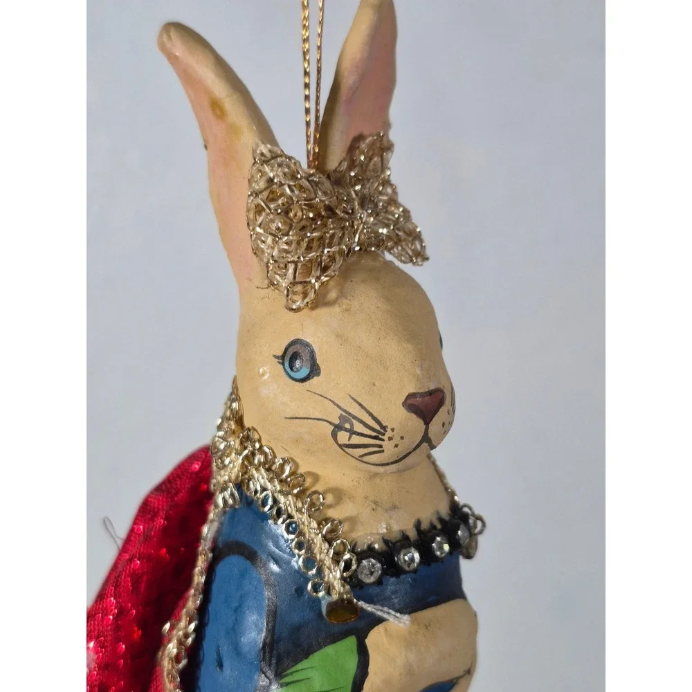 Vtg Hand Painted Papier Mache Bunny Rabbit Ornament Red Cape Rhinestone Collar
